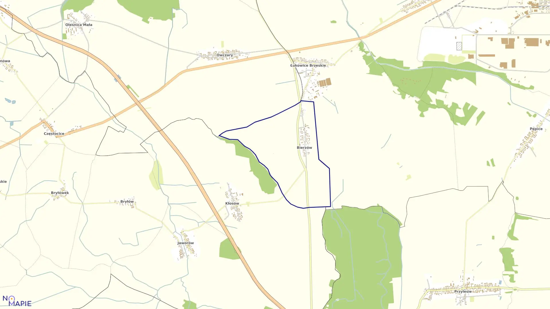 Mapa obrębu BIERZÓW w gminie Skarbimierz